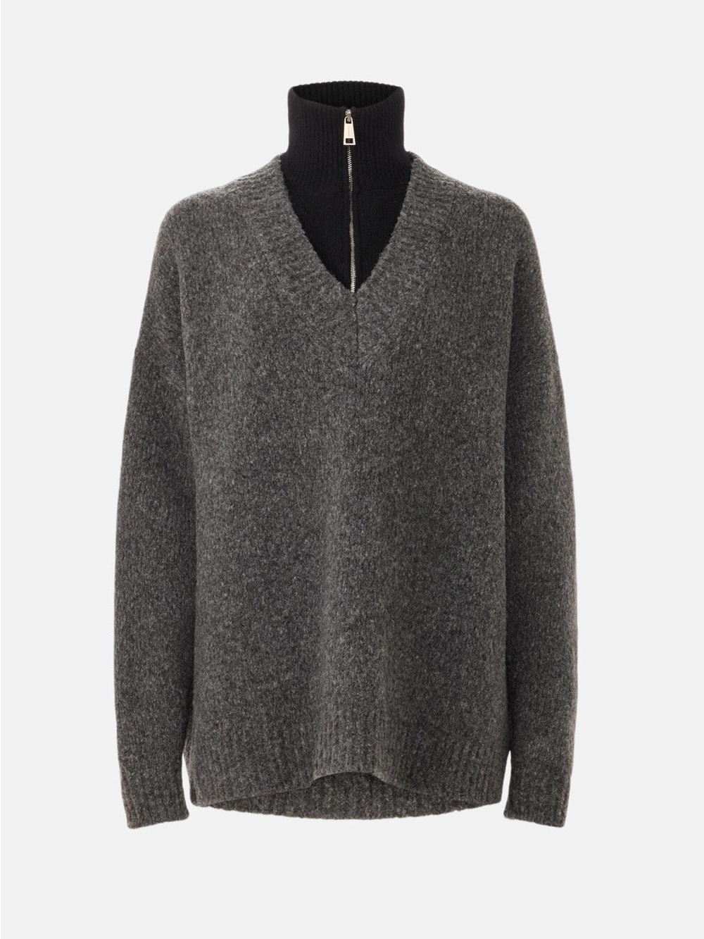 Nanushka Charcoal Gray V-Neck Sweater with Black Zip Collar